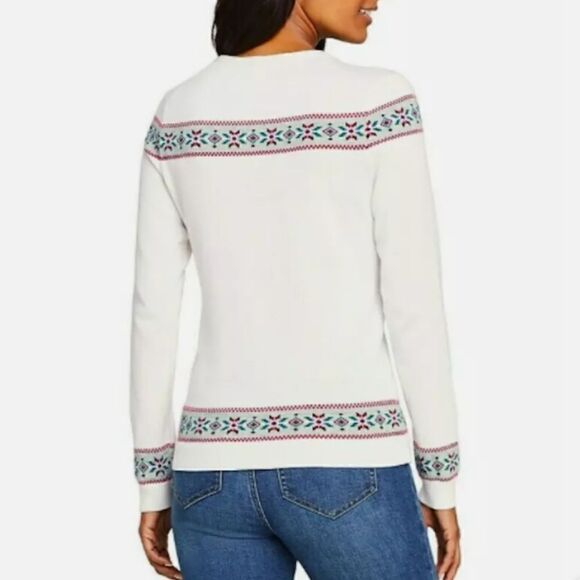 Lands End Ski FairIsle Design 100% Supima Cotton Sweater White Winter M MT - Picture 3 of 15